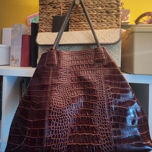 Elegant BIG BUDDHA Brown Crocodile-Embossed Tote Bag w/ Matching Zip Pouch